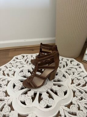 Fergie Brown Suede Strappy Block Heel Sandals